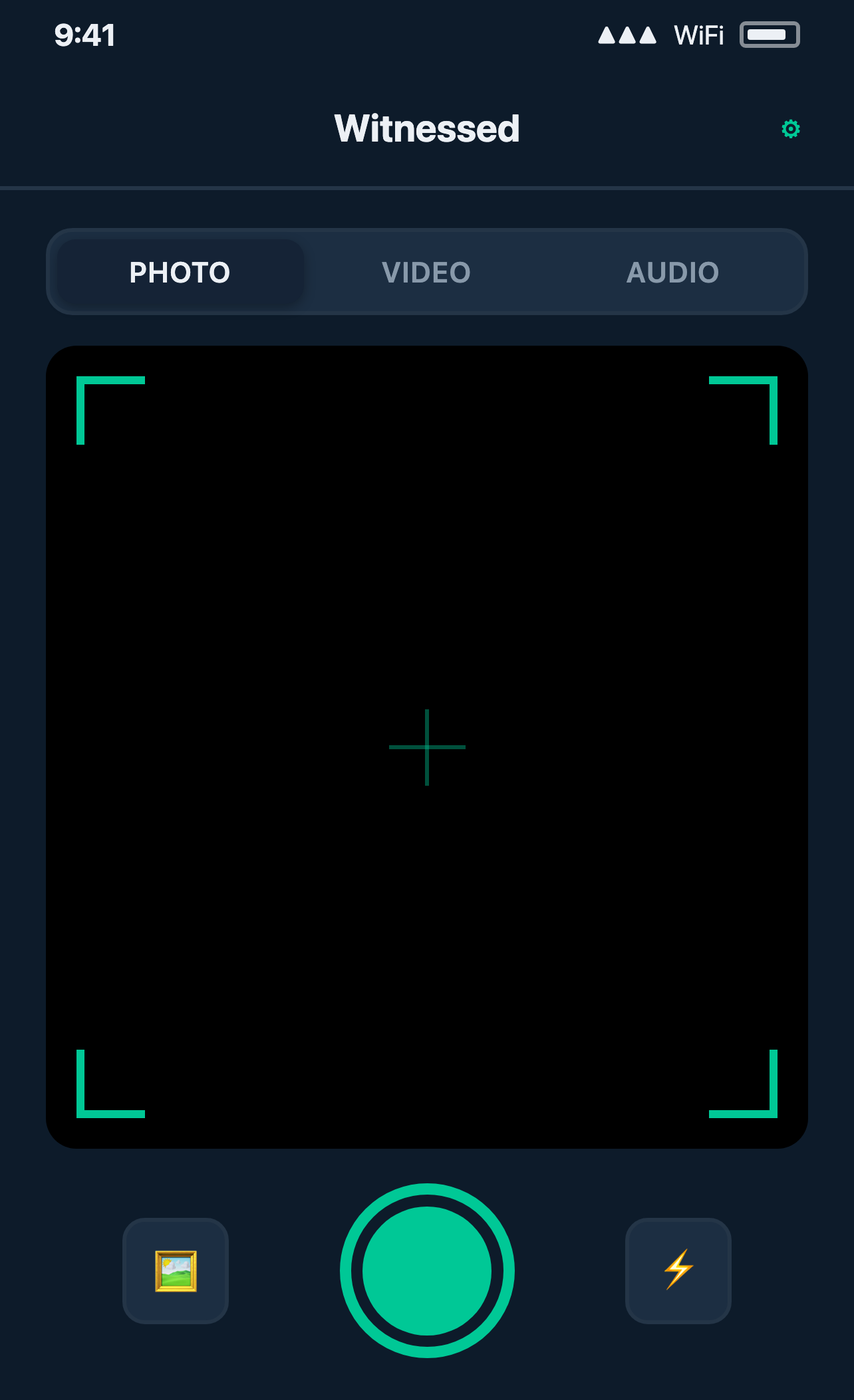 The Witnessed capture screen on iPhone, showing photo, video and audio modes with a live viewfinder.