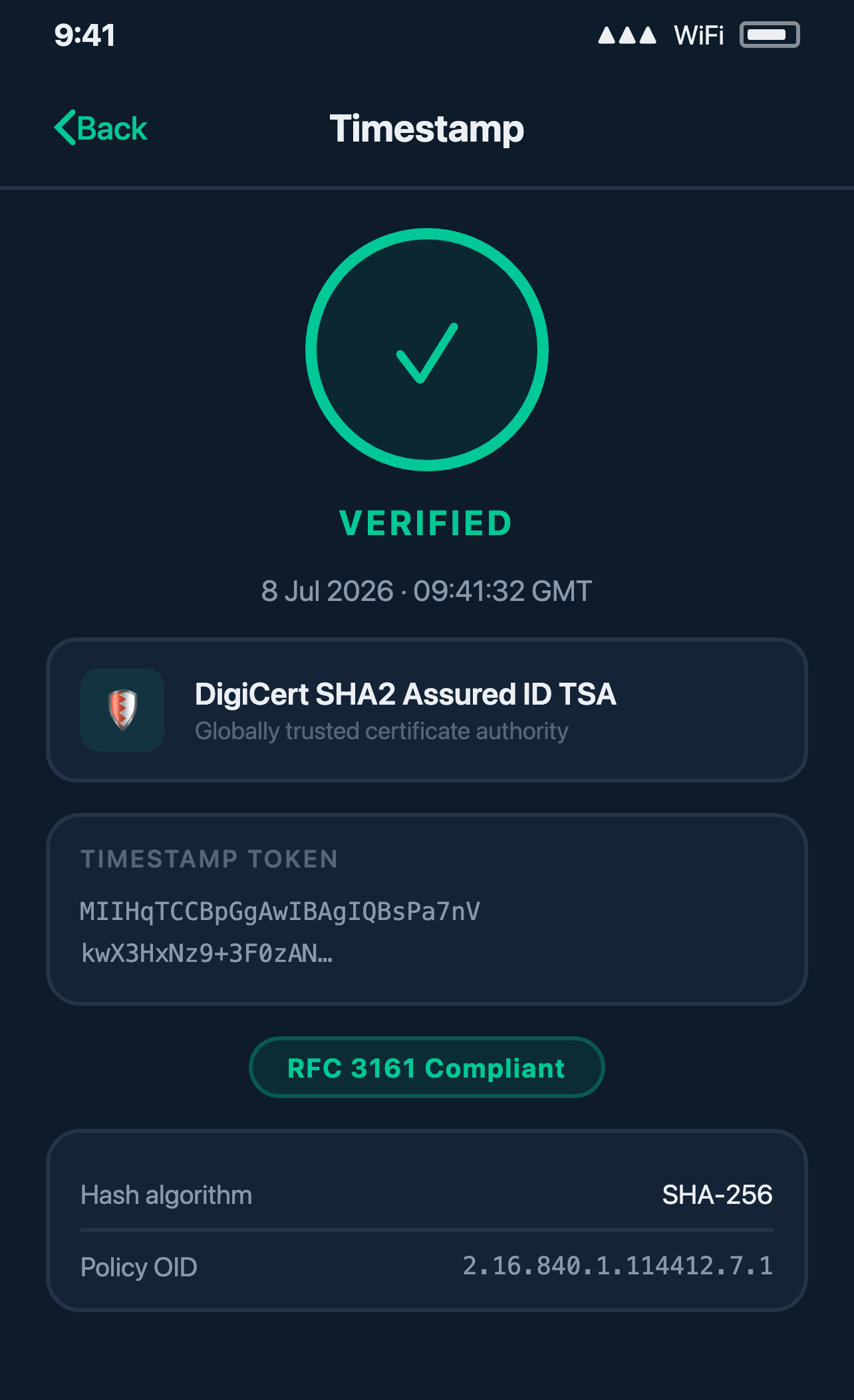 Witnessed timestamp detail screen showing a verified RFC 3161 token issued by DigiCert, with SHA-256 hash algorithm and policy OID.